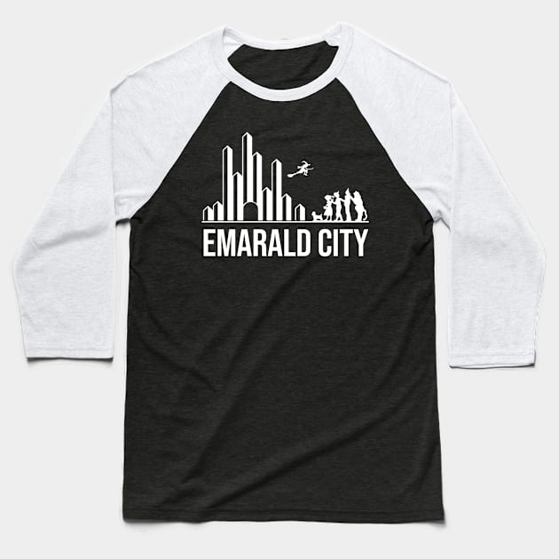 The Wizard of Oz Characters Emerald City Skyline Silouettes Baseball T-Shirt by alltheprints